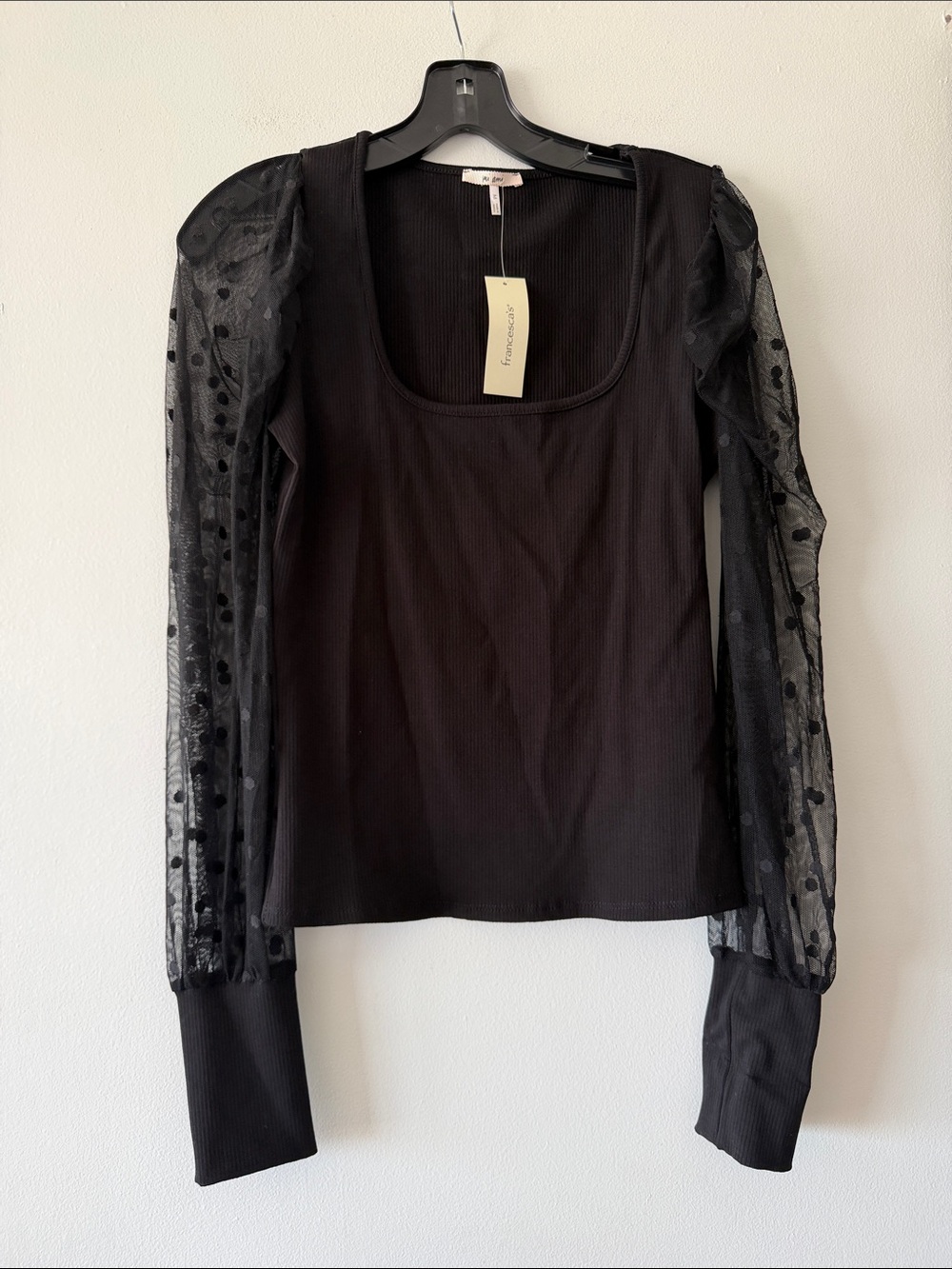 NWT Francesca's Mi Ami Black Ribbed Square Neck Top Mesh Polka Dot Sleeve Size M